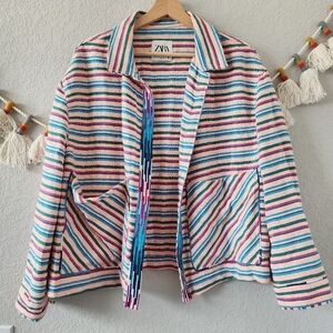 Zara Multicolor Textured Weave Rainbow Embroidered Open Front Jacket Boho Knit M